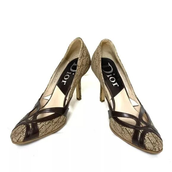 100% Auth DIOR/ChristianDior Beige Dark Brown Jacquard Leather Women's Pumps - Picture 2 of 8